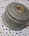 Vintage 1930s - 1950s Aluminum Powder Box With Puff And Victorian Medallion