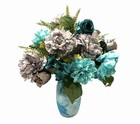Silk Floral Arrangement Centerpiece Turquoise Blue   Gray Italian Glass Vase 18   