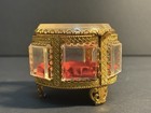 Vintage Gold-tone Filigree Acrylic Ormolu Jewelry Trinket Box Red Silk Lining