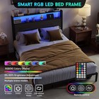 Full Queen King Size Metal Platform Bed Frame With Led Lights Headboard   charging