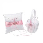 White With Pink  Or Red Trimming Satin Wedding Ring Bearer Pillow And Basket Set