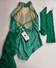 Iefiel Green Rhinestone Mesh Halter Dance Leotard Costume W  Skirt   Gloves 
