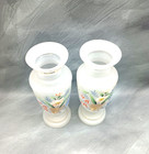 Antique Hand Painted Floral Bristol Glass 2 Vase White Opaque 10    Pontil