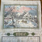 Vintage 1967 Currier Ives Calendar Towel   Handmade Crochet Doilies Lot Cottage