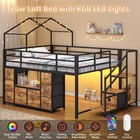 Low Loft Bed Full Size 9 Drawers Frame Led Lights Charging Station Rustic Brown