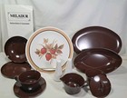 Vtg Meladur Melamine Complete 8-place Dish   Serving Set Strawberry brown  Nos