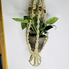 Macrame Corded Plant Hanger Woven White Wood Beads 36  Long Vintage Boho Mcm