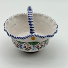 Vintage Spanish Hand Painted Porcelain Bowl With Handle Basket Blue Floral
