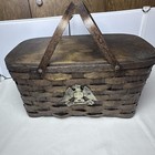 Vintage Large Woven Wooden Picnic Basket With Hinged Wooden Lid And Handles