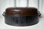 1908 Antique Chocolate Brown Enamel Cast Iron Savory Roaster Pan Vintage