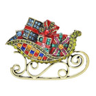Christmas Brooch Sleigh Full Of Gifts Crystal Rhinestone Pin And Red Velvet Bag