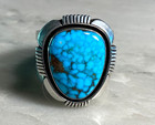 Large Navajo Sterling Silver Ring With Kingman Turquoise By Cooper Willie