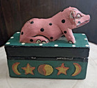 Vintage Wooden Trinket Box With Pig Figurine Hand-carved Folk Art Signed 1996