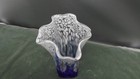 Vtg Hand Blown Glass Vase  Blue   White Ruffled Handkerchief Vase 8 5 