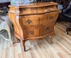 Vintage Venetian Italian Bombe Burl Walnut Commode Chest  Nightstand Two Drawers