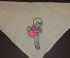 Vintage Girls   Childs Handkerchief Hanky Embroidered Little Girl Pink Dress