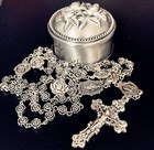 Handmade Vintage Silver Rose Beads Catholic Rosary Necklace Cross Gift Box It   