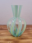 Lovely Art Glass Vase Striped Blue   Green Round Belly  7   Nice Quality  Ftd
