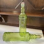 2 Green Embossed Glass Bottles Kitchen Decor Raised Design Corked 12 5 In Tall