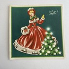 Vintage Mid Century Christmas Greeting Card Pretty Lady Victorian Red Dress Tree