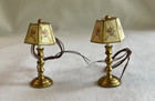 Wer  Dollhouse Miniature 1 Pair Brass Table Lamp Light Floral Shade Electric Nos