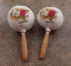 Pair Of Mexican Wood Maracas Floral Design Hand Percussion Shakers