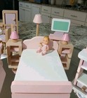 21 Pcs Wooden Doll House Furniture  Bath kitchen  Bedroom living Rm  Pink  White