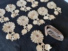 Antique French 11 Handmade Cream Flower Appliques Gray Velvet Silk Ribbon C1900