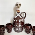 Vtg Skull Crossbones Old Man Poison Decanter Sake Shot Glass Set Japan Halloween