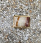 Vintage Banded Agate Pill Box Gold Tone Hinged Stone Trinket Box Italy 