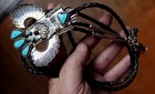 Old Giant F  Arviso Navajo Sterling Silver Turquoise Stone Eagle Dancer Bolo Tie