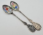Set Of 2 Painted Enamel Jam Sugar Spoons Czechoslovakia Antique Floral Flowers