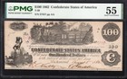 T-39 1862  100 Confederate Currency Pmg 55 Comment Civil War Note 27557