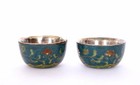 19c Chinese 2 Cloisonne Enamel Solid Silver Lining Tea Wine Cup Yin Yang Pattern