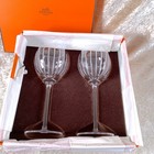 Hermes Fanfare Pair Crystal Wine Glass Clear Vertical Lines Set Of 2 With Box