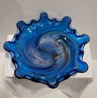 Vintage Mid Century Fratelli Toso Murano Glass Blue White Swirl Amoeba Bowl Mcm