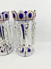 Antique Bohemian Czech Glass Mantle Lustres Cobalt Blue Cut Clear 10    Prisms