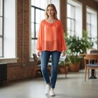 Vince Camuto Neon Coral Orange Sheer Chiffon Tie Neck Blouse Beach Travel Large