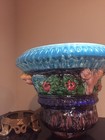 Beautiful Majolica Vase Planter Jardiniere  On Metal  Stand H 14   