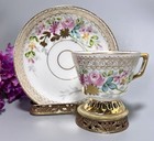 Antique Russian Porcelain Cup   Saucer Kuznetsov Factory 19thc Floral Gilt