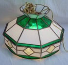 Vtg Mcm Tiffany Style Emerald Green White Gold Stained Glass Hanging Lamp 17 