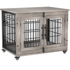 Pre-owned Dog Crate Furniture Indoor Double Doors Wooden Cage   Cushion Gray