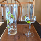 Hand Painted White Dogwood Flower Martini Pitcher   Coupe Cocktail Glass Set 2pc