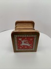 Vtg Christmas Coaster Set Of 6 With Holder Wood cork 1970s Reindeer Charming 