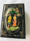 Vtg Russian Lacquer Wood Palekh Design Hand Painted Trinket Box 2 5 X 3 5 X 1 In