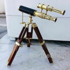 Brass Double Barrel Vintage Style Collectible Telescope W wooden Tripod Stand