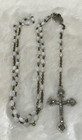 Vintage Catholic Mother Of Pearl Beaded  Rosary Silver Tone Crucifix