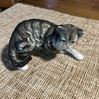 Vintage Grey Tabby Cat Figurine Stretching Ceramic Porcelain Statue Decor