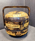 Antique Chinese Wedding Basket Tiffin Black Lacquer Hand Painted Gold Very Nice