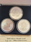 2018 30th Anniversary Maple Leaf 3- Silver Coin Set  9999 Silver With Box   Coa